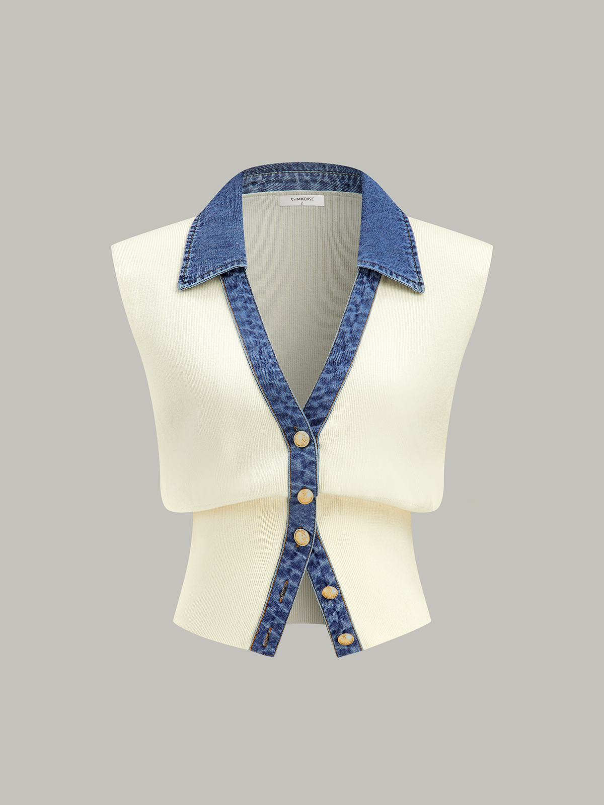 Denim Trim Metal Button Knit Vest