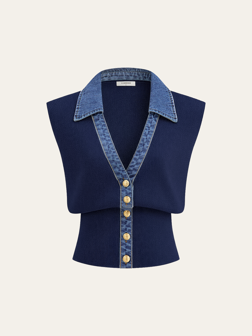 Denim Trim Metal Button Knit Vest