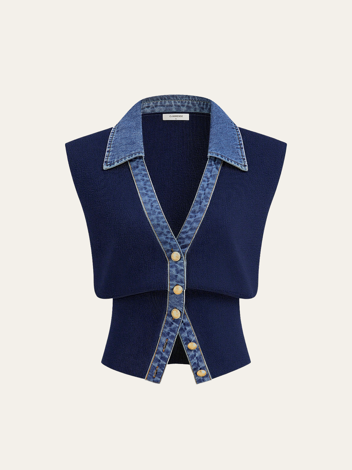 Denim Trim Metal Button Knit Vest
