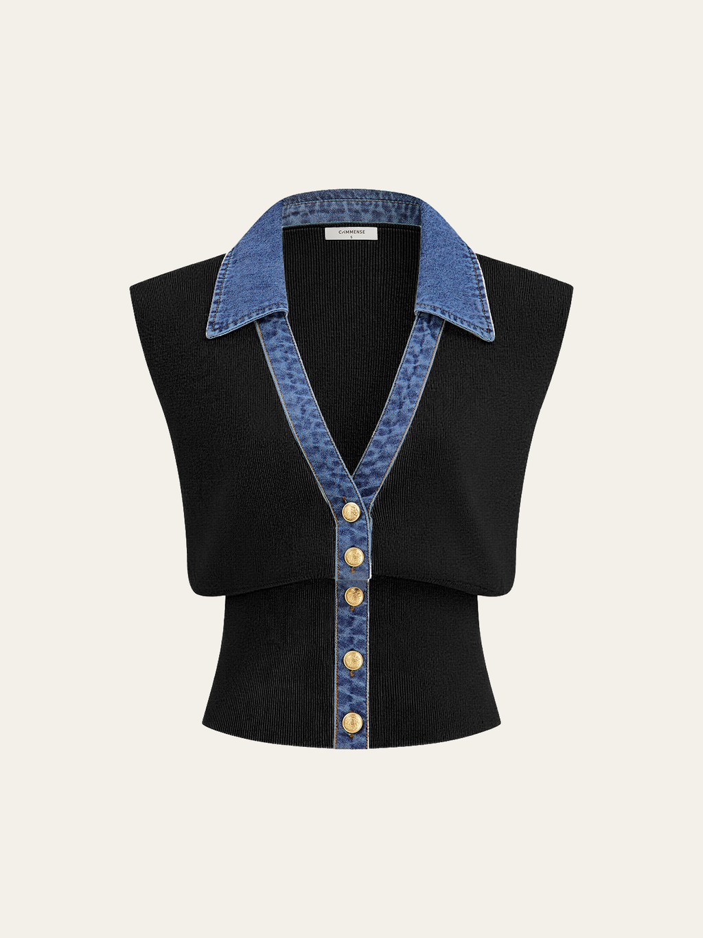 Denim Trim Metal Button Knit Vest