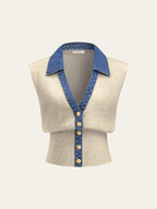 Denim Trim Metal Button Knit Vest