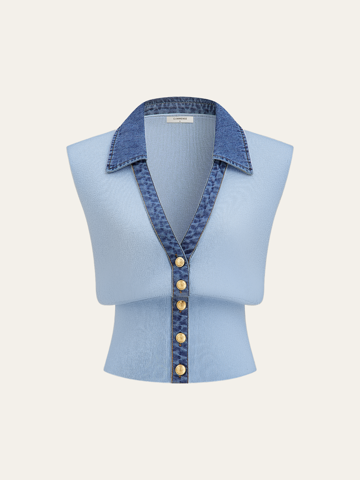 Denim Trim Metal Button Knit Vest