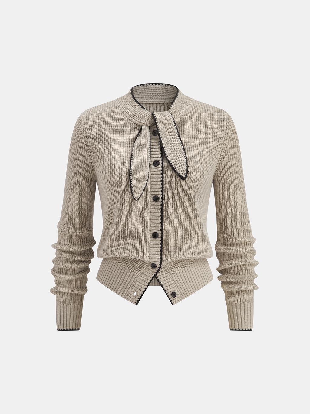 Tie Neck Contrast Trim Wool Blend Cardigan