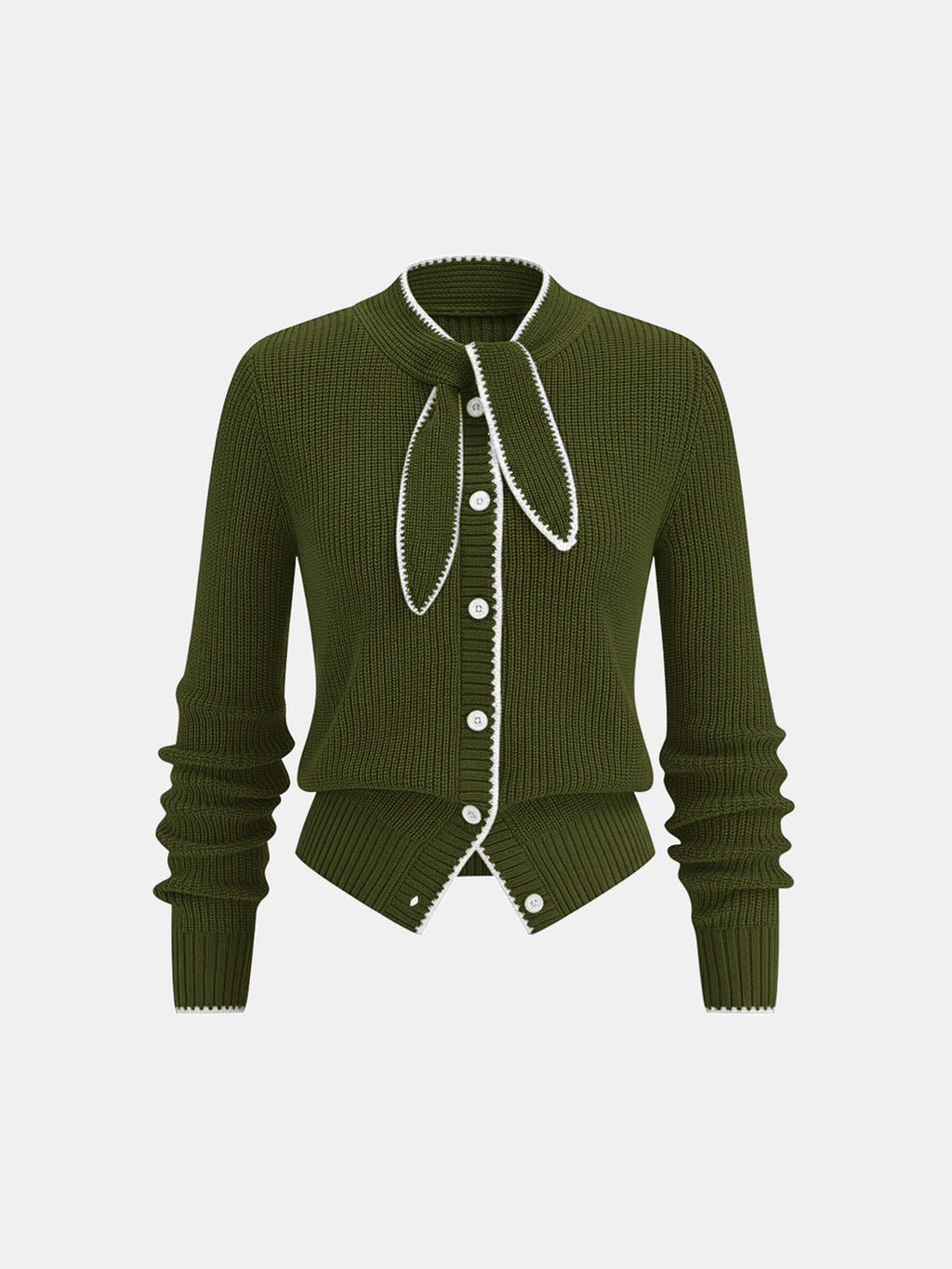 Tie Neck Contrast Trim Wool Blend Cardigan