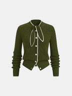 Tie Neck Contrast Trim Wool Blend Cardigan