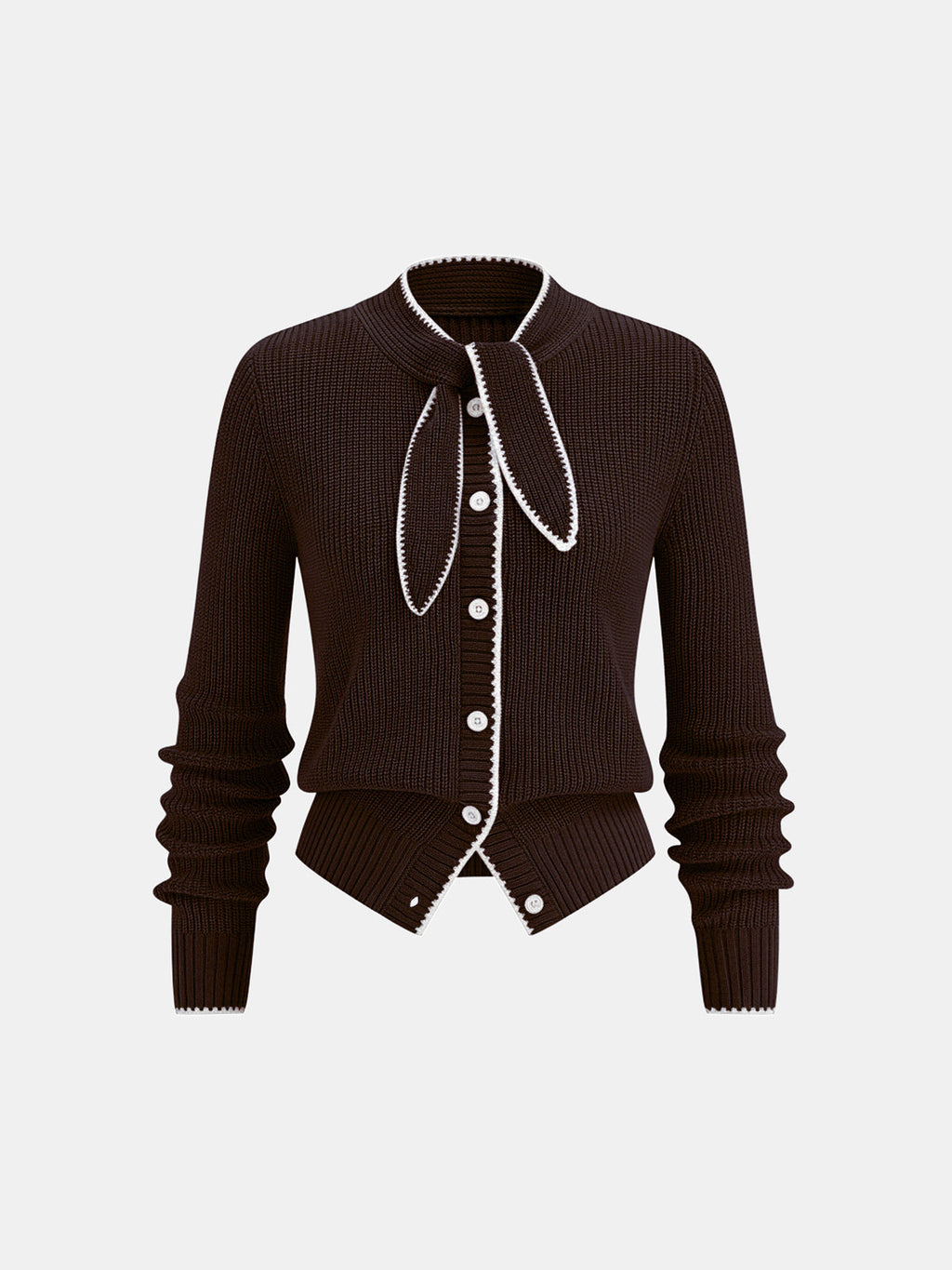 Tie Neck Contrast Trim Wool Blend Cardigan