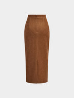 Draped Slit Suede Effect Midi Skirt