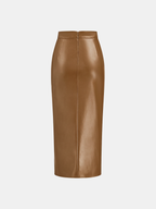 Ruched Slit PU Leather Midi Skirt