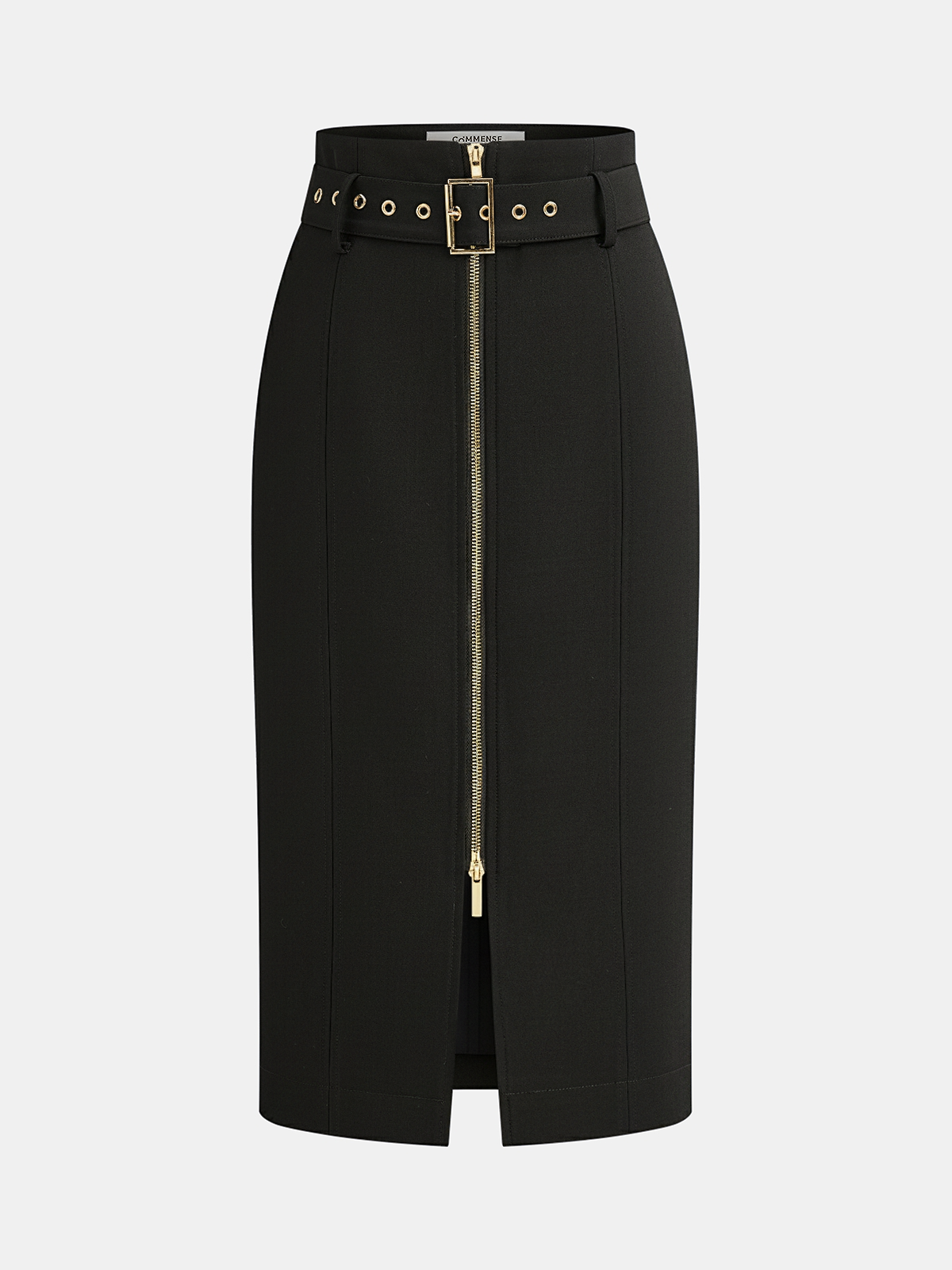 Belted Zip-Front Split Midi Skirt