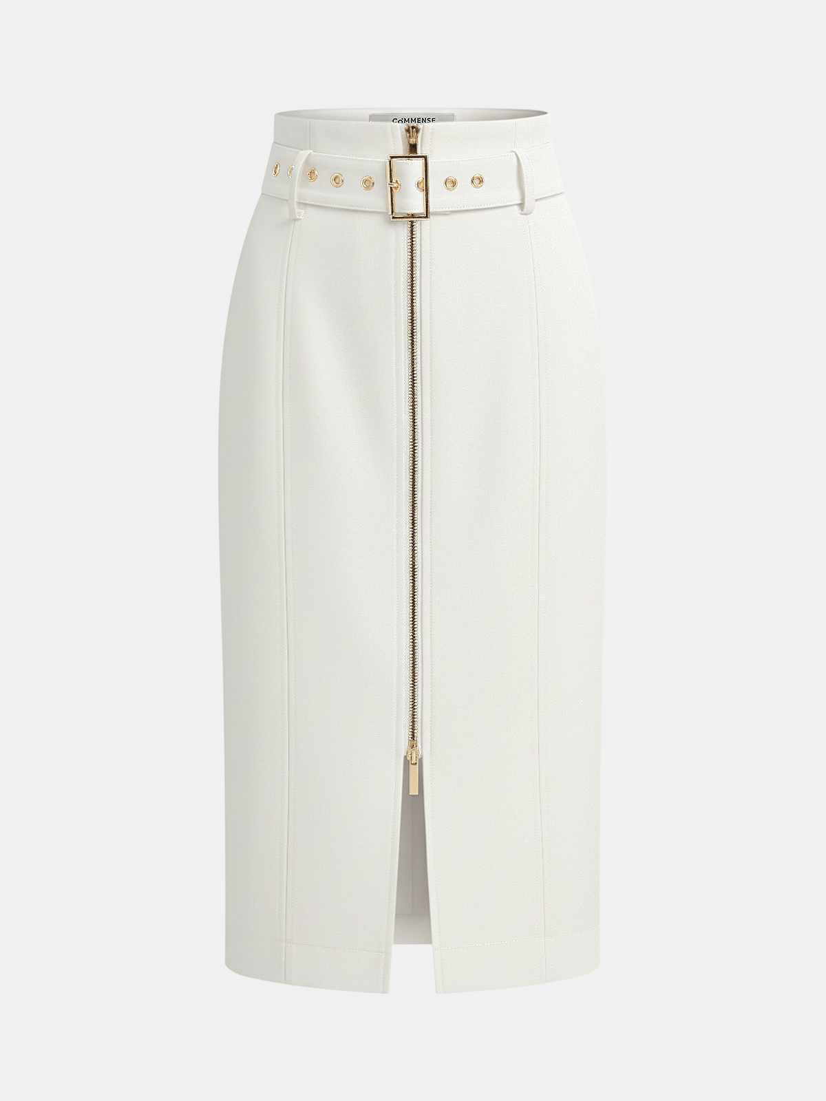 Belted Zip-Front Split Midi Skirt